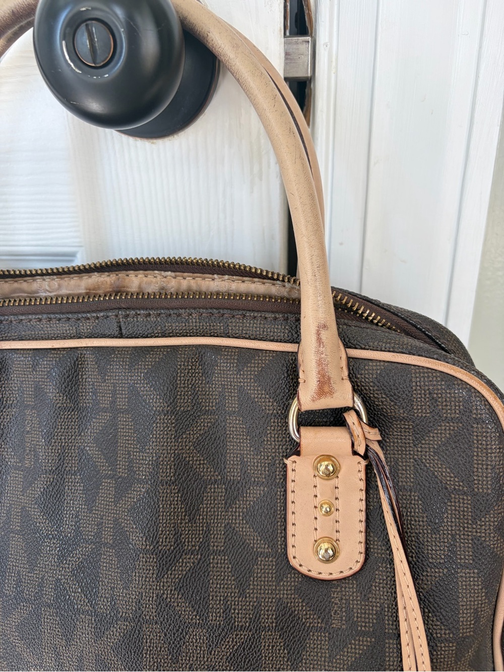 Michael Kors Dark Brown MK Logo Dome Satchel with Light Tan Trim - Picture 2 of 10